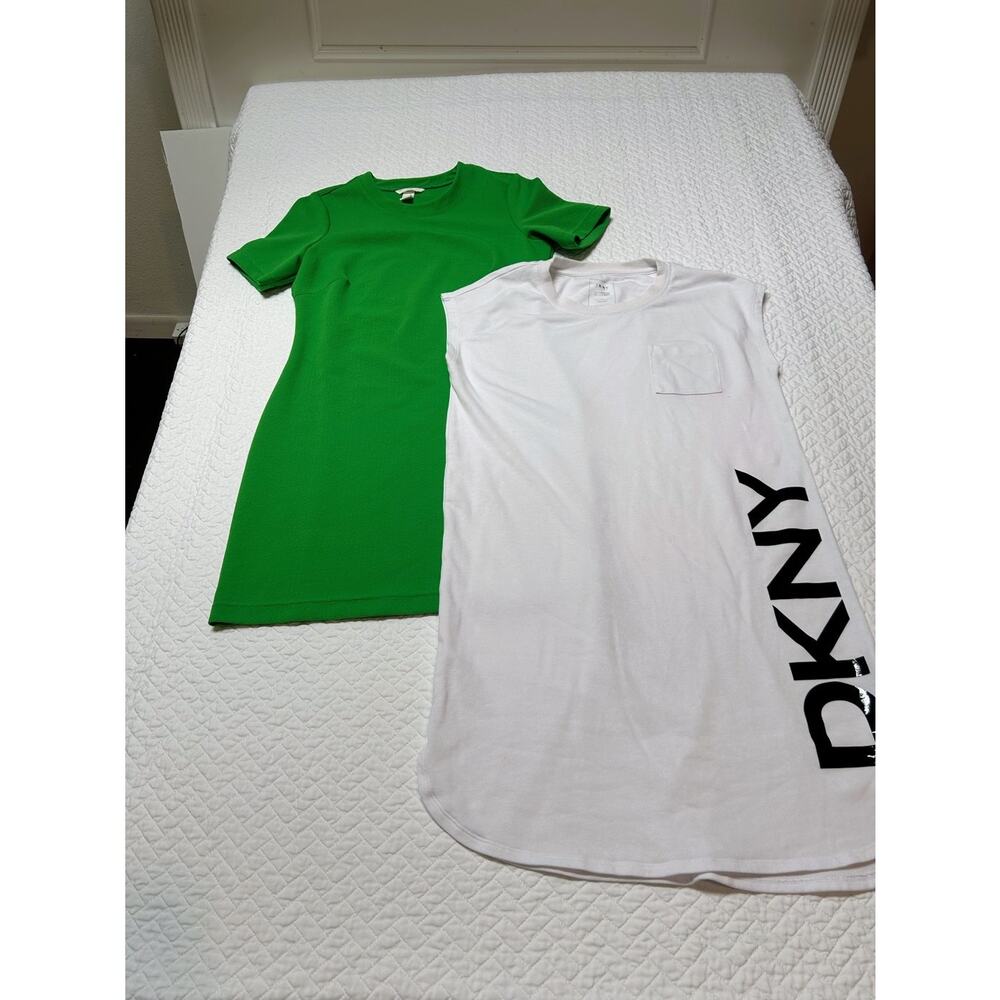 2 Dresses- H & M Kelly Green Ribbed Bodycon Dress and DKNY White Shirt Dress - M